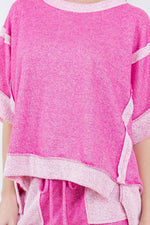 Oversize Reverse Contrast Banded Top HT4028: Neon pink / S-M-L / 2-2-2