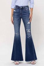 DISTRESSED HIGH RISE FLARED JEANS WITH FRONT SEAM