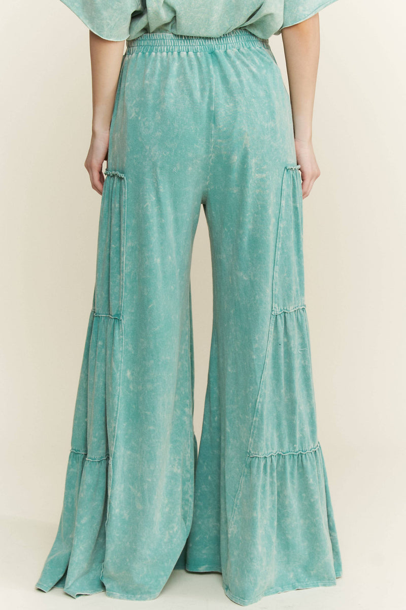 Mineral Washed Tiered Wide Leg Pants HP5033P1: Silver Grey / S-M-L / 2-2-2