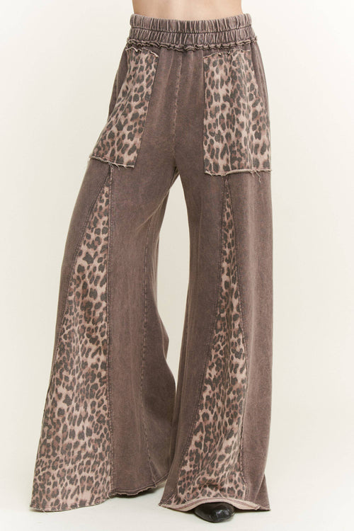 Mineral Washed Leopard Animal Print Flare Pants HP5783P1: Charcoal / S-M-L / 2-2-2