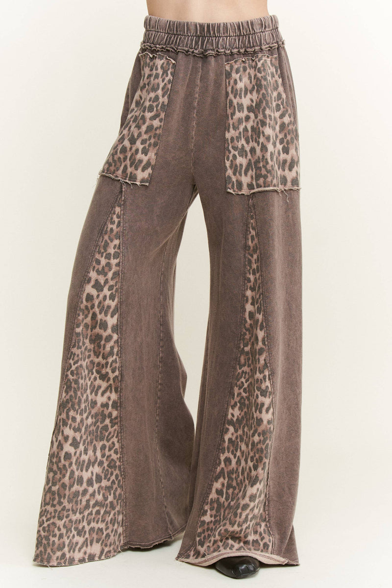 Mineral Washed Leopard Animal Print Flare Pants HP5783P1: Charcoal / S-M-L / 2-2-2