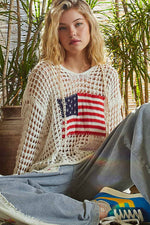 Long sleeve American flag hoodie top Beige