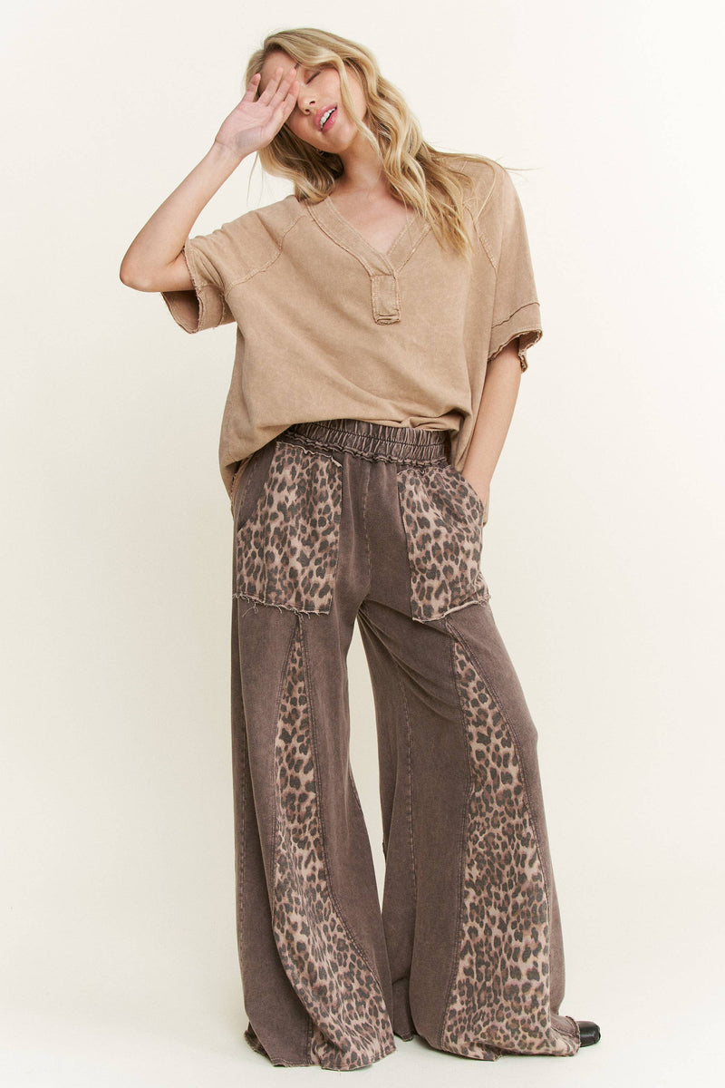 Mineral Washed Leopard Animal Print Flare Pants HP5783P1: Charcoal / S-M-L / 2-2-2