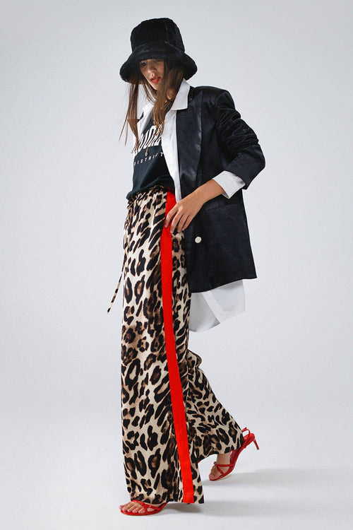 Leopard Straight Pants With Red Stripes Down The Sides: Brown / Small