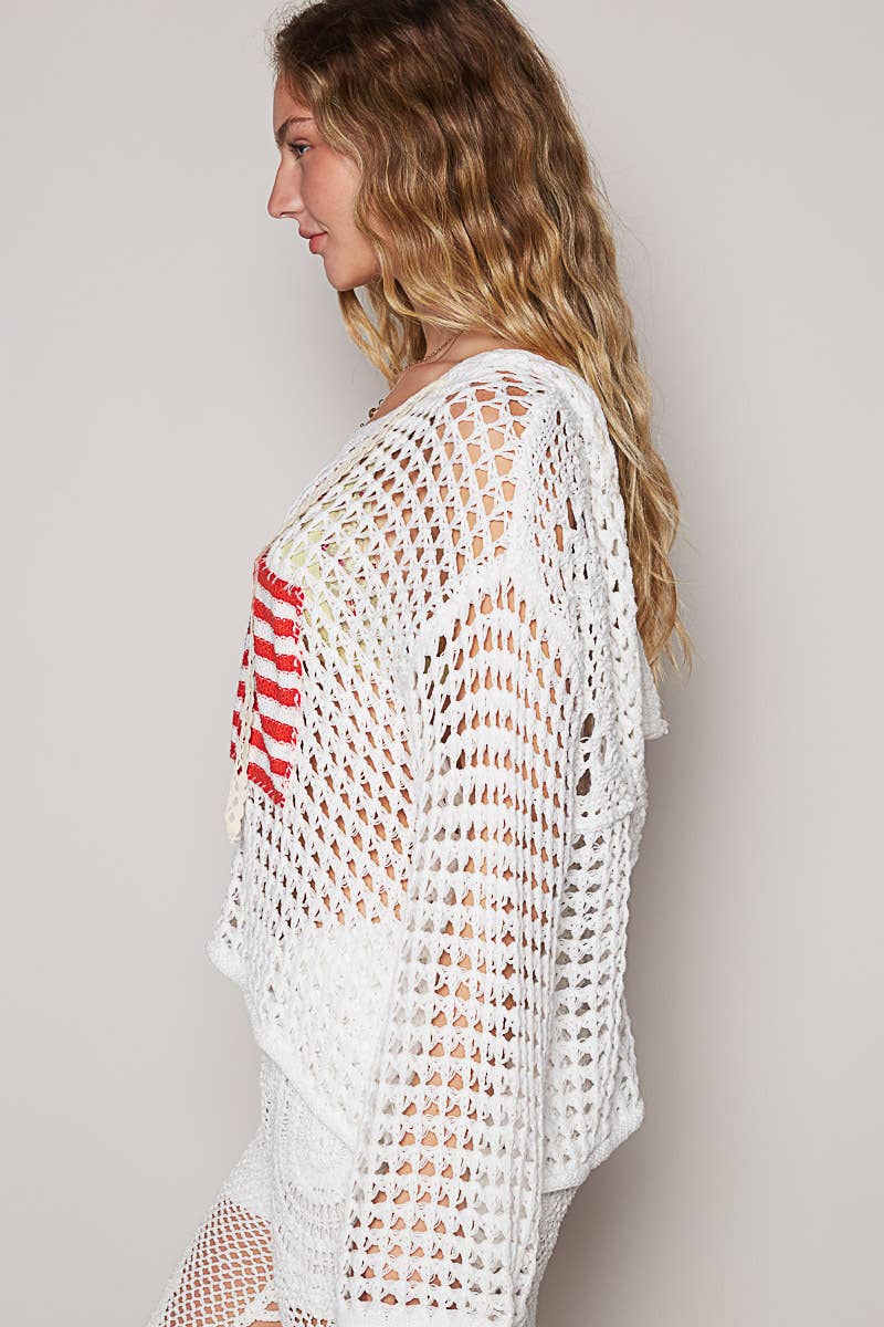 Long sleeve American flag hoodie top Beige