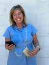 Clip & Go Crossbody Ice Chain Phone Accessory : White Chain with Blue Pouch