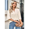 V Neck Chiffon High Low Hem Blouse: BEIGE / XL