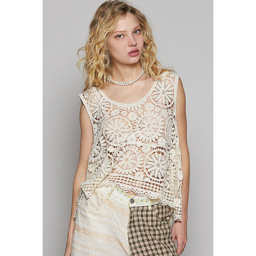 Round neck sleeveless crochet top: NATURAL / OS