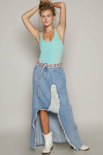 Stud detail long denim skirt: DENIM with distressed hem and underlay fabric