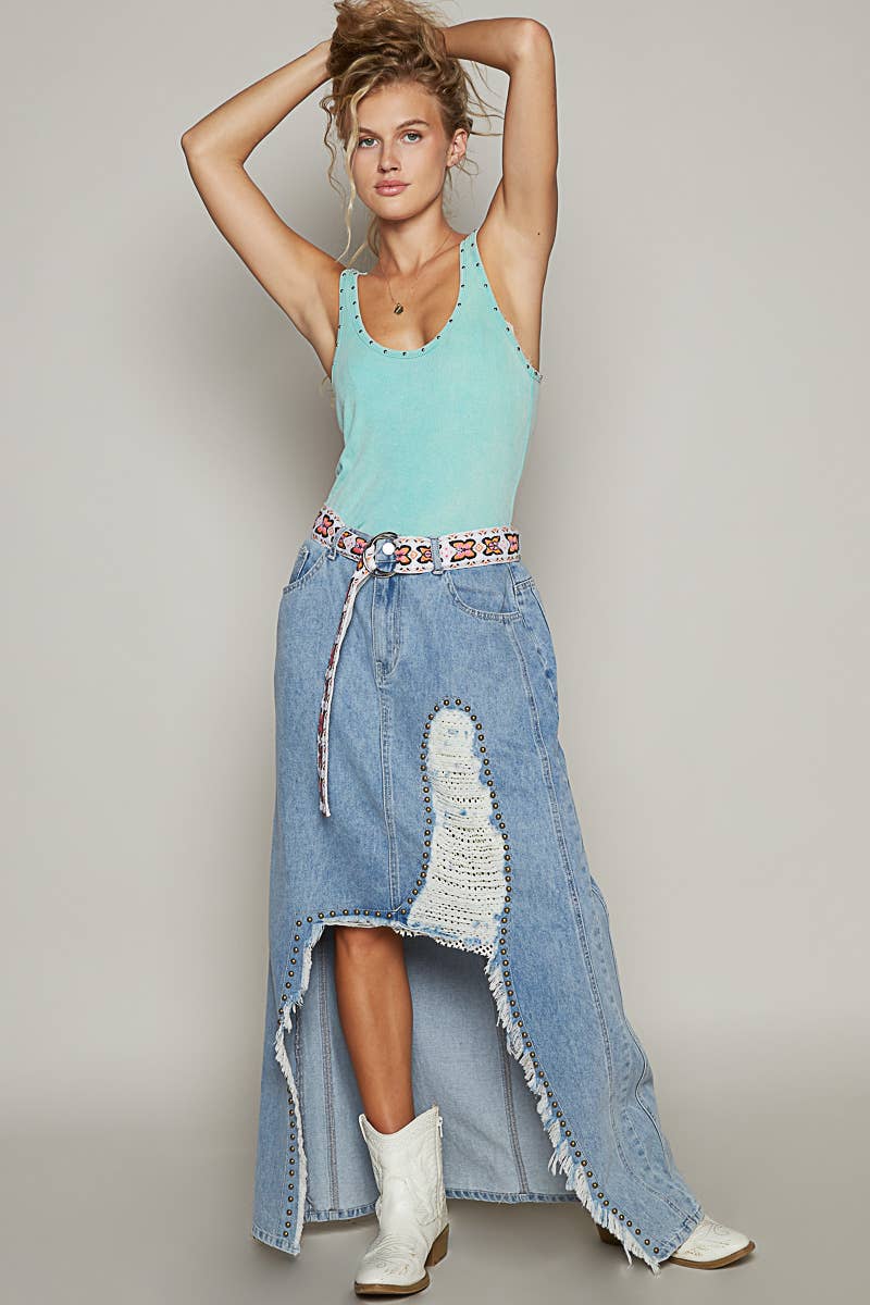 Stud detail long denim skirt: DENIM with distressed hem and underlay fabric