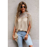 Boho Floral Mesh Lace Solid Blouse: BLACK / L