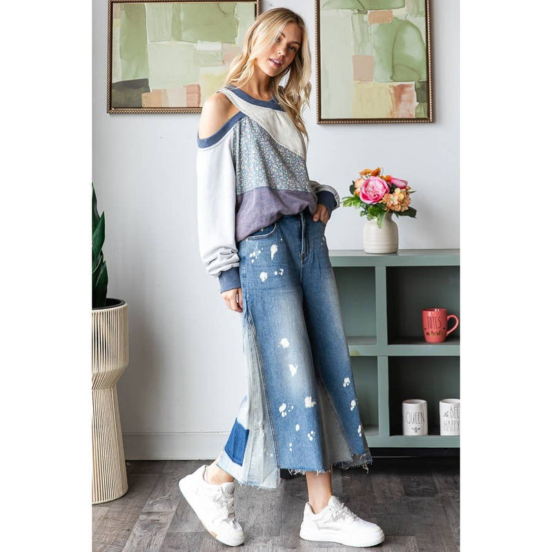 WASHED CROPPED DENIM JEANS: DENIM / S-M-L-XL(2-2-2-2)