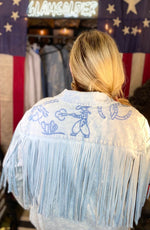 Embroidered fringe shirt distressed blue color