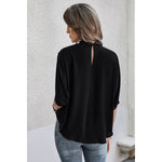 Boho Floral Mesh Lace Solid Blouse: BLACK