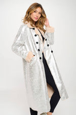 Women's Long silver Fur Lined silver Metallic Oversized Coat: Silver-Black interior