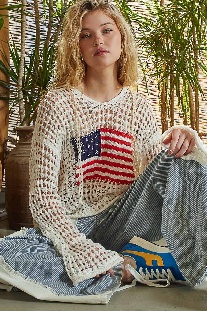 Long sleeve American flag hoodie top Beige
