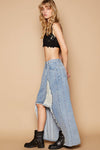 Stud detail long denim skirt: DENIM with distressed hem and underlay fabric