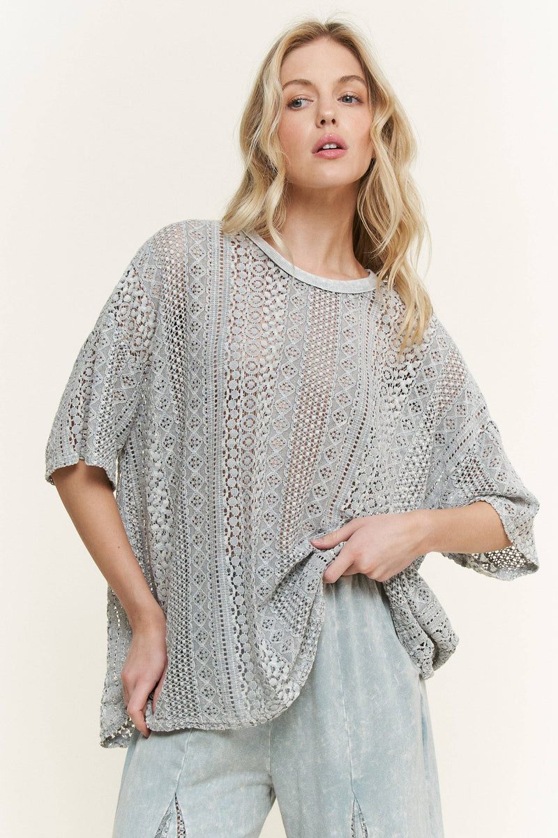 MineralWashed Lace summer blouse top HT6394 : Natural / S-M-L / 2-2-2