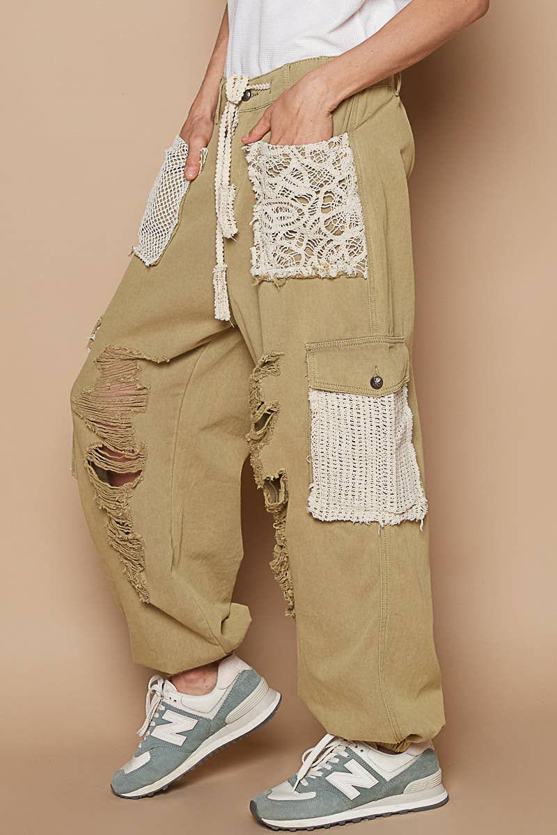 Vintage wash crochet patches distress jogger pants SALE: CAMO / S