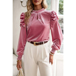 Knot Back Cut Out Mock Neck Solid Velvet Blouse: WINE / L