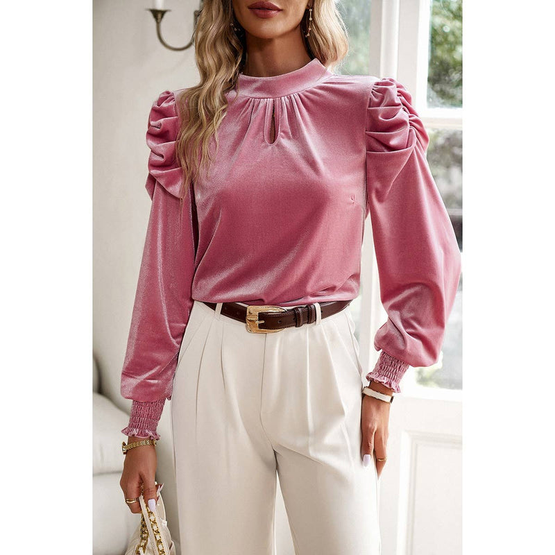 Knot Back Cut Out Mock Neck Solid Velvet Blouse: WINE / M