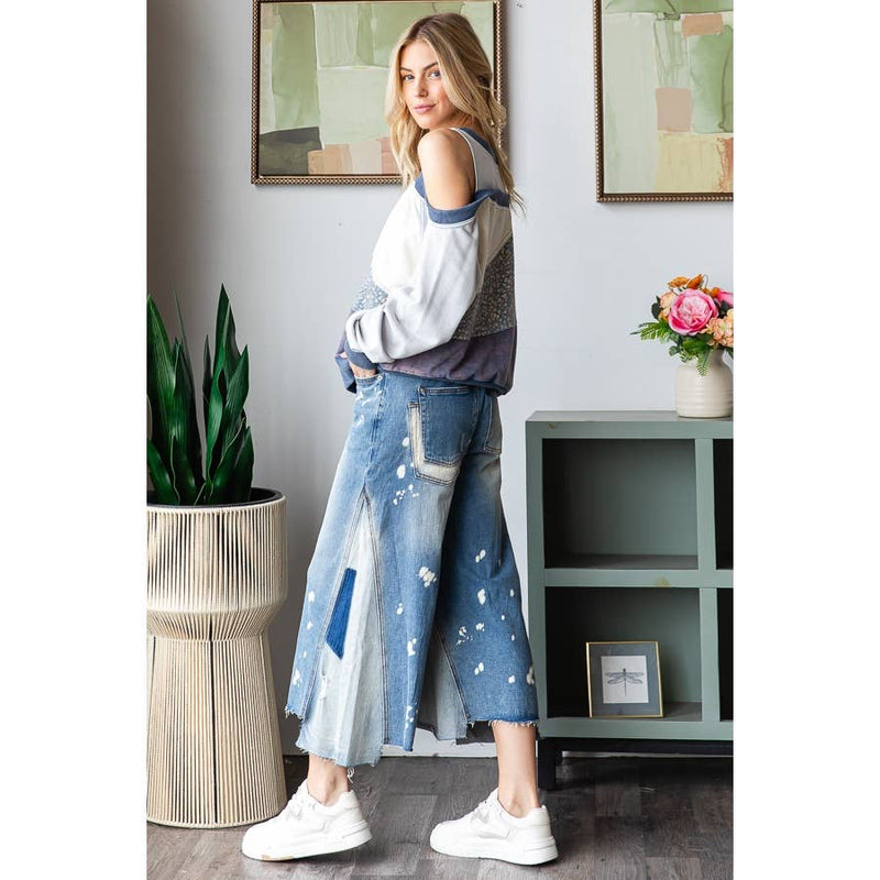 WASHED CROPPED DENIM JEANS: DENIM / S-M-L-XL(2-2-2-2)