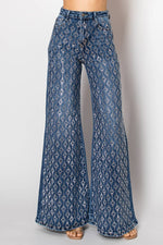 Embellished stretch wide leg medium blue denim jeans