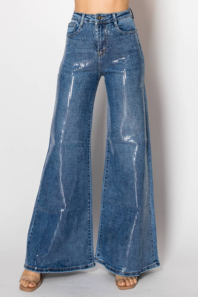 Embellished wide leg medium blue denim jeans