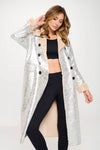 Women's Long Fur Lined Metallic Oversized Coat: Silver-Khaki / L