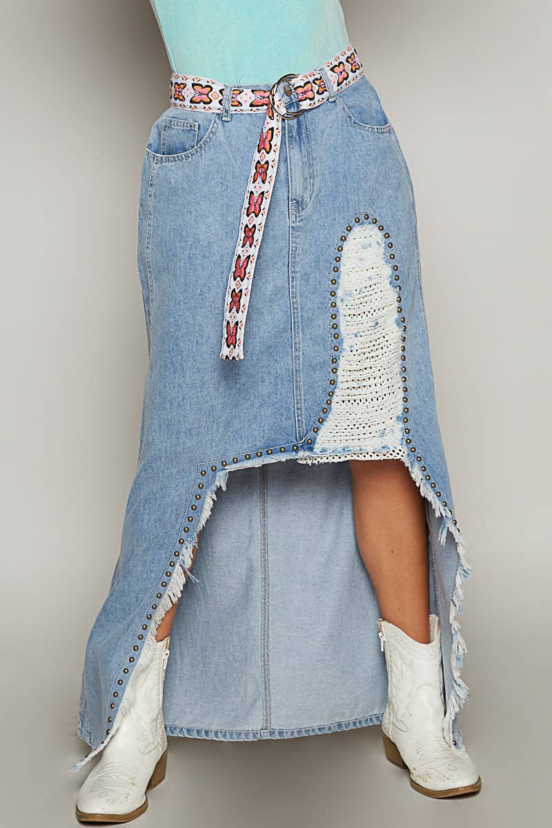 Stud detail long denim skirt: DENIM with distressed hem and underlay fabric