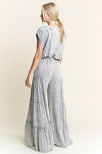 Mineral Washed Tiered Wide Leg Pants HP5033P1: Silver Grey / S-M-L / 2-2-2