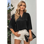 V Neck Chiffon High Low Hem Blouse: BLACK / M