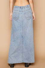 Stud detail long denim skirt: DENIM with distressed hem and underlay fabric