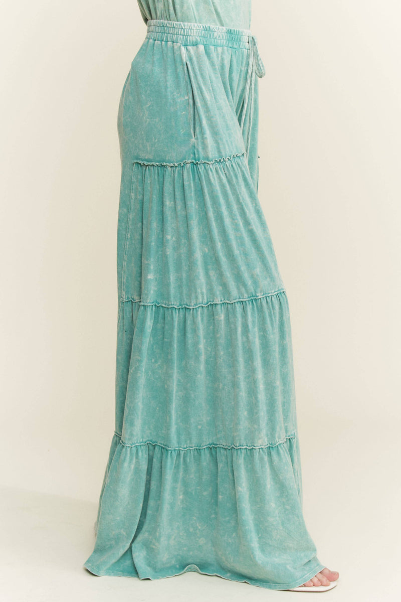 Mineral Washed Tiered Wide Leg Pants HP5033P1: Silver Grey / S-M-L / 2-2-2