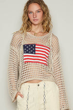 Long sleeve American flag hoodie top Beige
