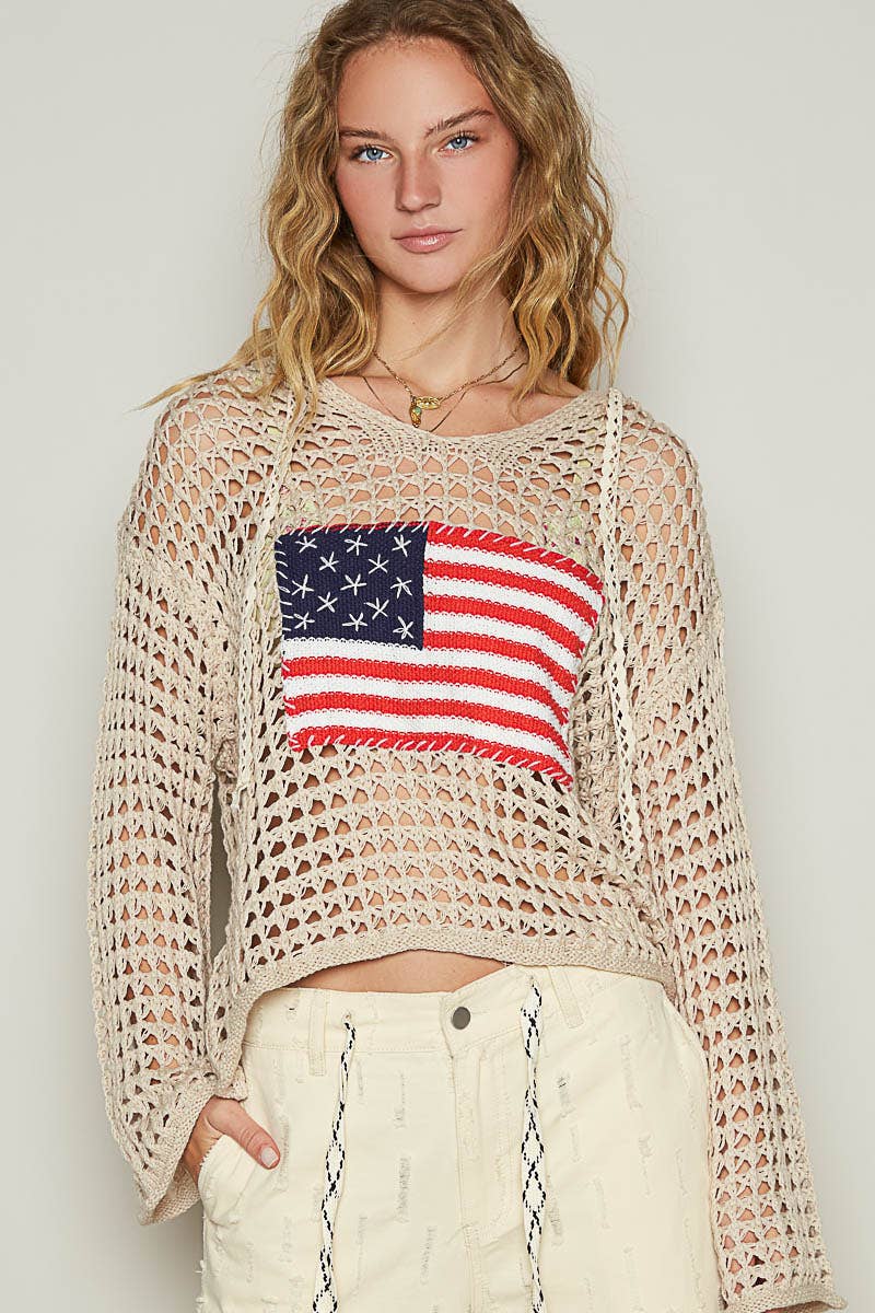 Long sleeve American flag hoodie top Beige