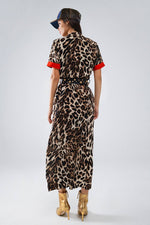 Maxi Leopard Button-Down Dress With Red Details: Brown / Large