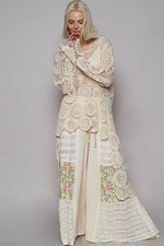 Round neck long sleeve elongated crochet top: NATURAL / Os