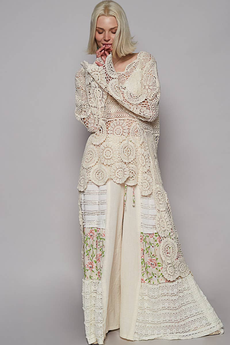 Round neck long sleeve elongated crochet top: NATURAL / Os