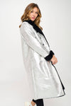 Women's Long Fur Lined silver Metallic Oversized Coat: Silver with light interior