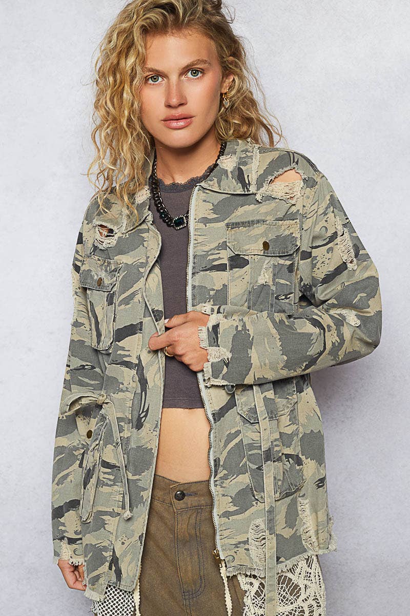 Zipper waist tie camo jacket