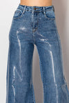 Embellished wide leg medium blue denim jeans