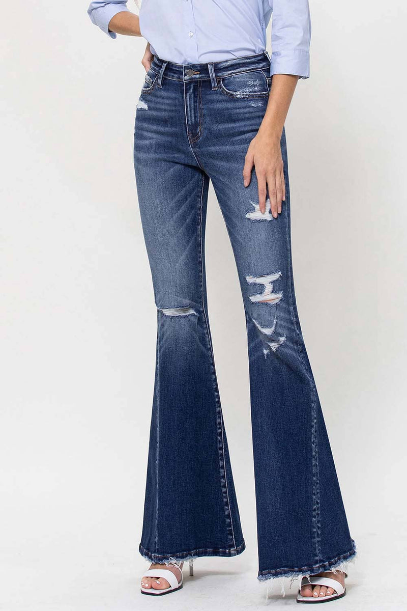 DISTRESSED HIGH RISE FLARED JEANS WITH FRONT SEAM