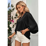 V Neck Chiffon High Low Hem Blouse: BLACK / M