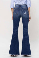 DISTRESSED HIGH RISE FLARED JEANS WITH FRONT SEAM