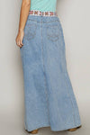 Stud detail long denim skirt: DENIM with distressed hem and underlay fabric