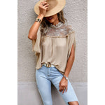 Boho Floral Mesh Lace Solid Blouse: BLACK