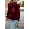 Knot Back Cut Out Mock Neck Solid Velvet Blouse: WINE / M