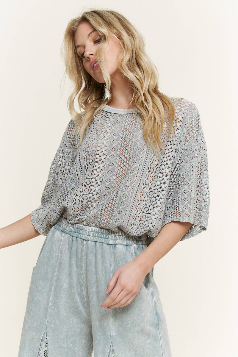 MineralWashed Lace summer blouse top HT6394 : Natural / S-M-L / 2-2-2