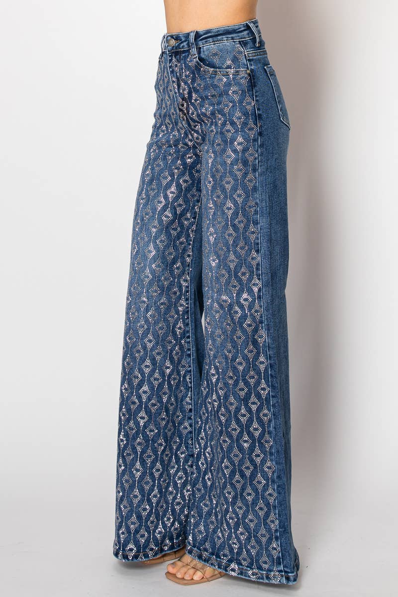 Embellished stretch wide leg medium blue denim jeans